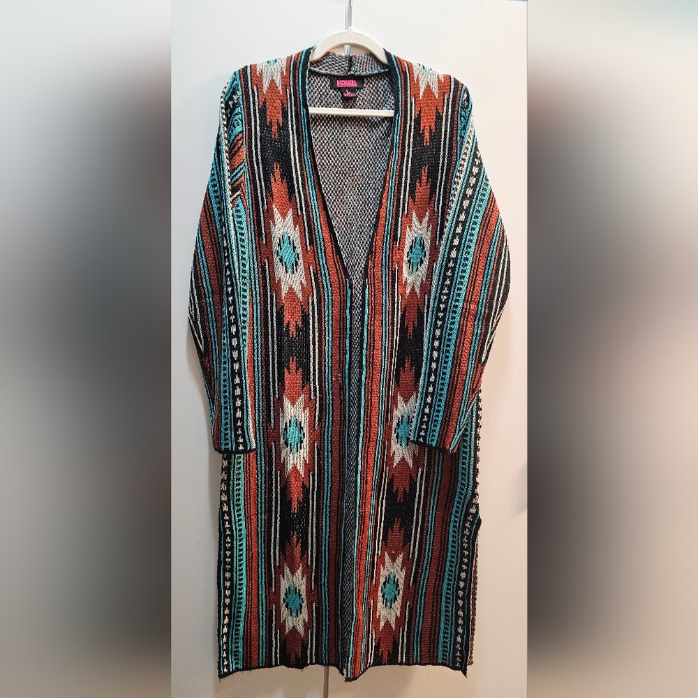 Southwestern Pattern Open Cardigan in Turquoise & Rust